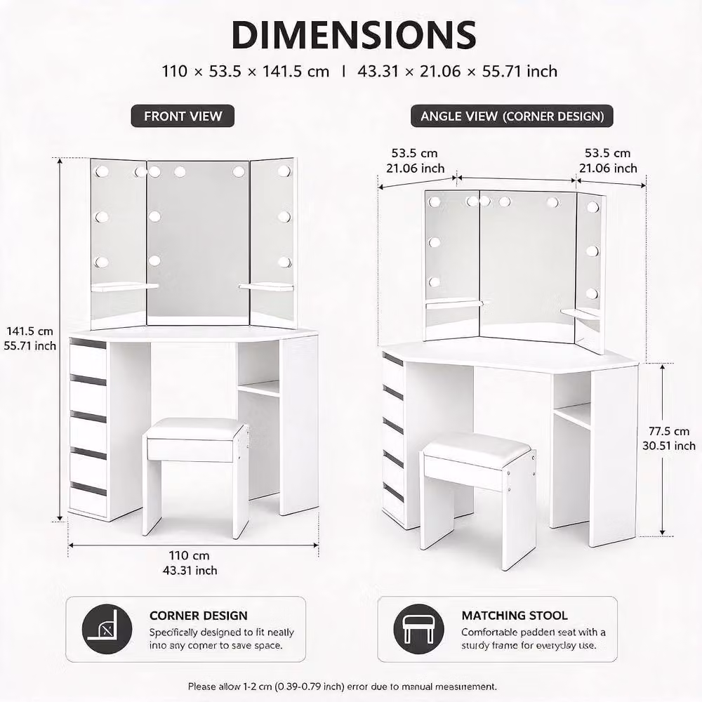 London Boutique Corner Dressing Table with LED Mirror and 5 Drawers in White – 2