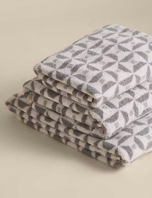 M&S Pure Cotton Geometric Tile Towel in Grey and Multicolour