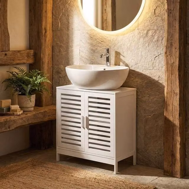 Wyld and Coco White Bamboo Washbasin Cabinet with LED Lighting and Internal Shelves