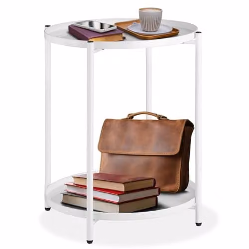 tectake Round Minimalist Side Table in White with Height-Adjustable Feet, W/D/H: 45.5 x 45.5 x 53 cm
