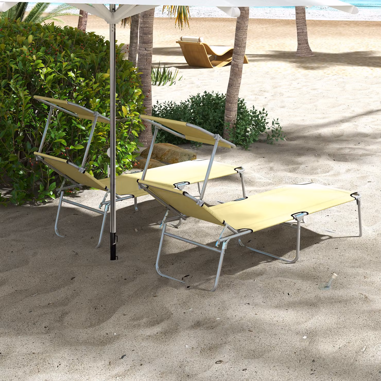 Outsunny Set of 2 Foldable Outdoor Sun Loungers with Adjustable Backrest and Sun Shade Awning, Beige – 6