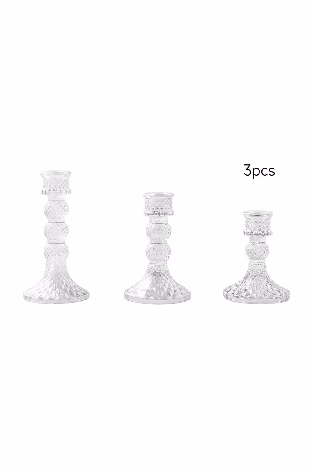 Living and Home 3 Pack Glass Diamond Pattern Taper Candlestick Holders in Clear – 4