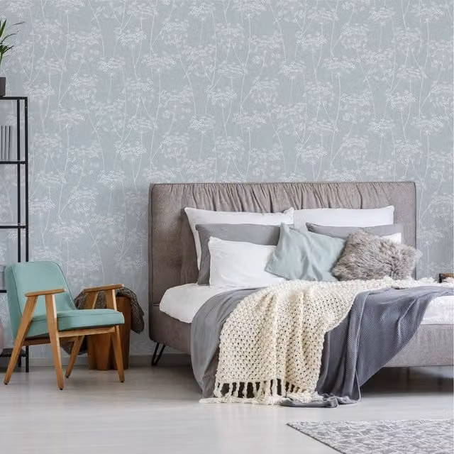 Superfresco Easy Aura Floral Botanical Wallpaper in Blue and Grey with 10 cm Border