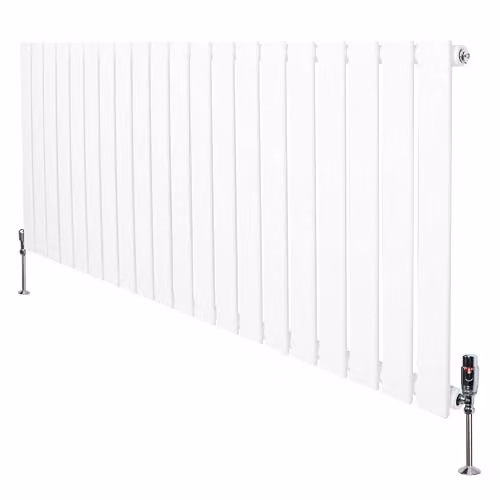 Monster Shop White Carbon Steel Flat Single Column Designer Radiator with Chrome Thermostatic Radiator Valve Set and Wall Brackets, H 140 cm x W 60 cm x D 6 cm
