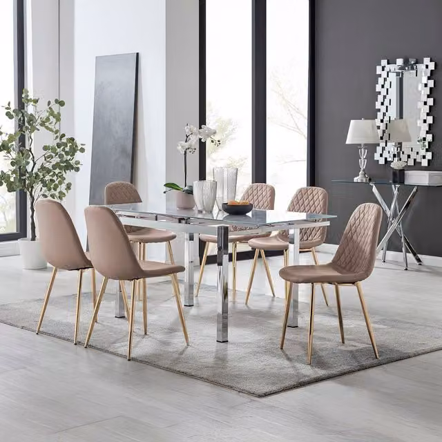 Furniturebox Enna White Glass Extending Dining Table and 6 Corona Gold Leg Chairs in Cappuccino