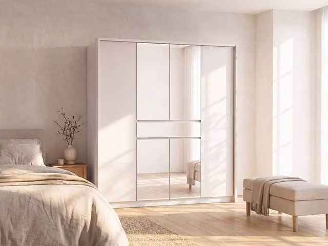 Vente-unique ZADIA White Modern Wardrobe with 6 Doors, Mirror and Drawer, W: 200 cm, D: 65 cm, H: 217 cm – 1