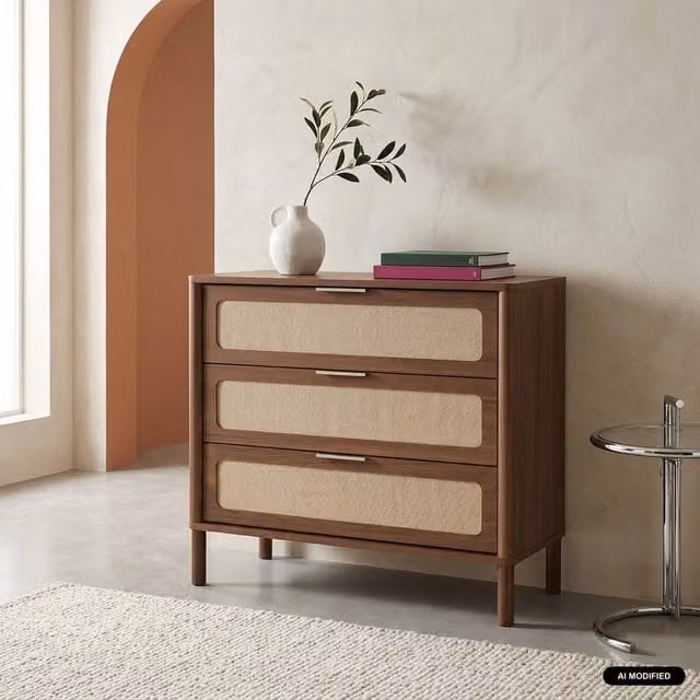 sweeek Vintage 3-Drawer Chest of Drawers with Wood Decor and Cane in Dark Brown and Gold – 1
