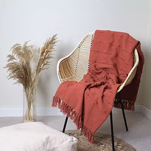 Riva Home Woven Striped Cotton and Polyester Throw with Fringes, Red, W: 140 cm, D: 180 cm – 2