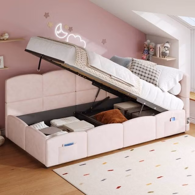 Matteo Pink Velvet Upholstered Single Sofa Bed with USB Charging Port and Lift-Up Storage Base, W: 90 cm, L: 190 cm – 1