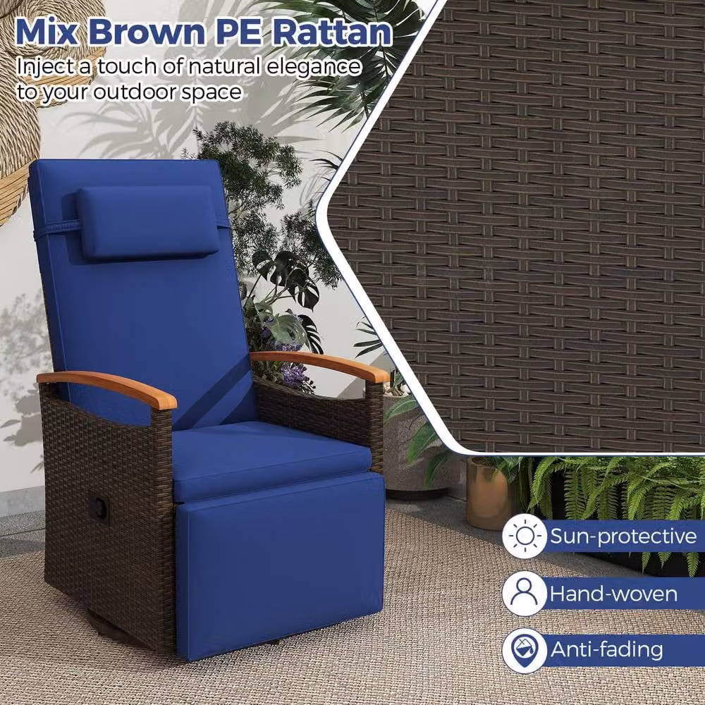 Costway 360 Degree Swivel Rattan Recliner Chair with Adjustable Headrest and Side Tray in Navy Blue – 5