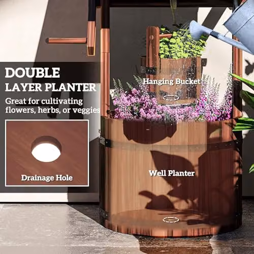 Outsunny Brown Wooden Wishing Well Planter with Adjustable Hanging Bucket – 4
