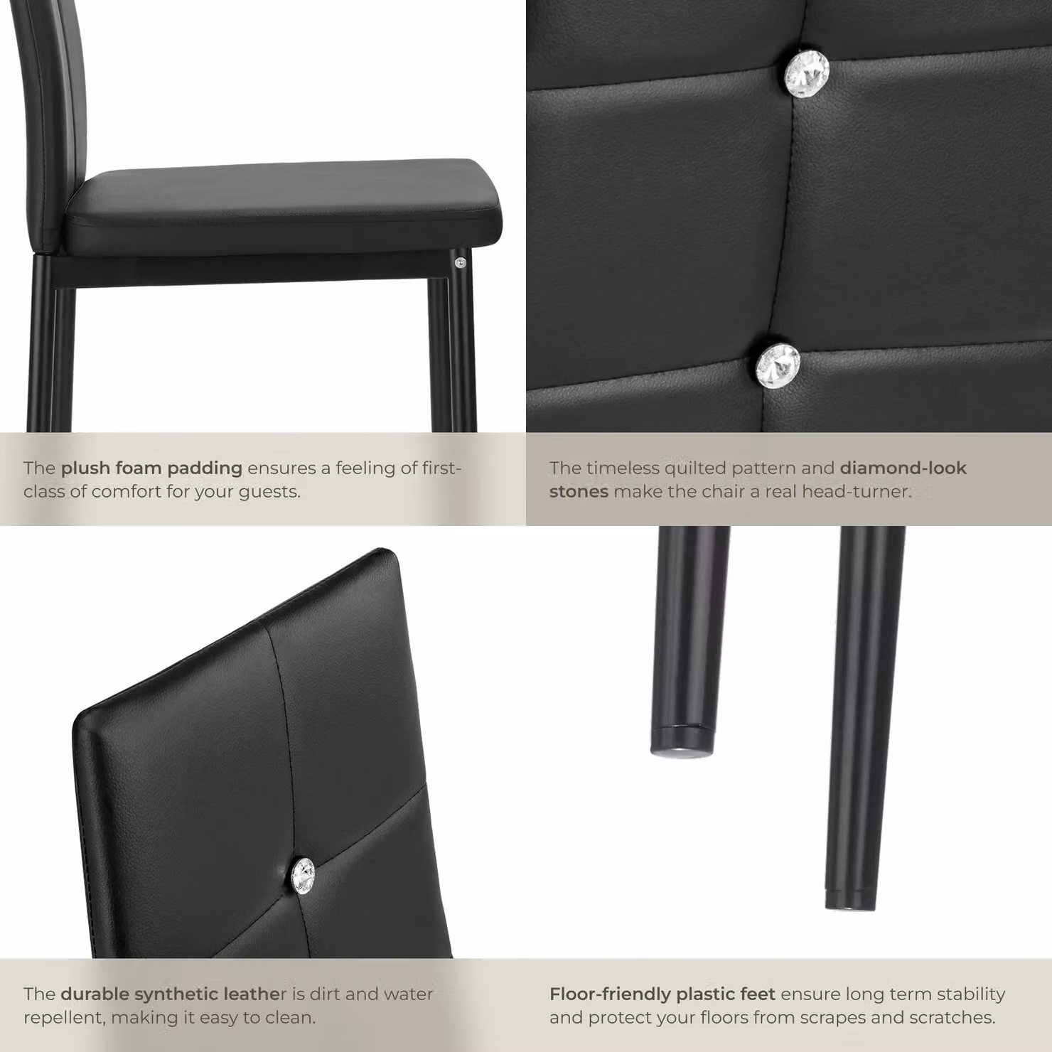tectake Julien Set of 4 Modern Dining Chairs in Black Synthetic Leather – 4