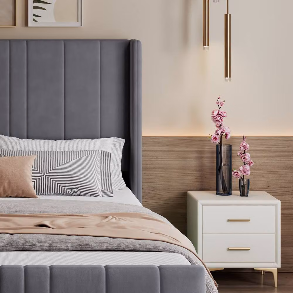 BTM Double Ottoman Bed with LED Under-Bed Lighting, Grey Velvet Upholstered Frame, W/D/H: 140 x 190 x 46.6 cm – 6