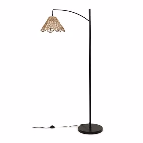 ValueLights Black Metal Curve Stem Floor Lamp with Natural Cane Rattan Scalloped Edge Shade