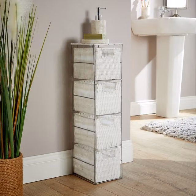 Home Source Ankara 4 Drawer Wicker Tower Storage Unit in White and Silver