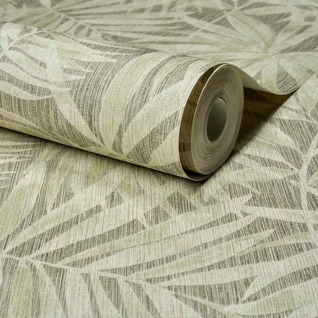 Grandeco Boutique Tropical Palm Leaf Non-Woven Wallpaper in Green and Beige