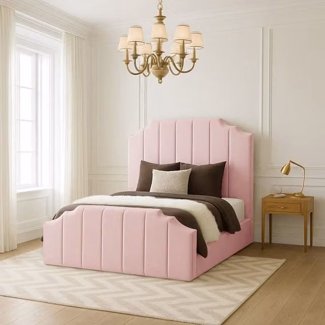 Desire Deco Pink Velvet Upholstered Double Tower Bed Frame, W/D/H: 140 x 200 cm