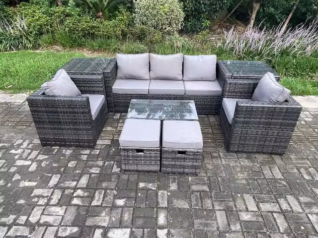 Fimous Outdoor Rattan Garden Furniture Set in Dark Grey with 3 Seater Sofa, Coffee Table, 2 Side Tables, 2 Armchairs and 2 Footstools