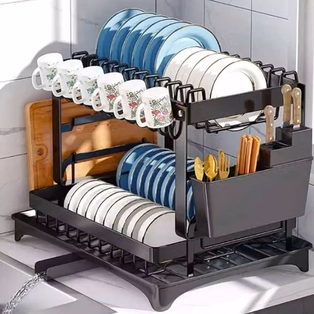 Kelvenix Two-Tier Kitchen Sink Dish Drainer Rack in Black with Cutlery Holder