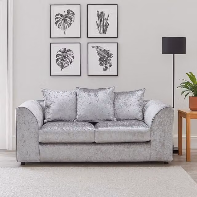 Furnishings For Less UK Crystal Crushed Velvet 2 Seater Sofa with Scatter Back and Curved Arms in Silver – 1