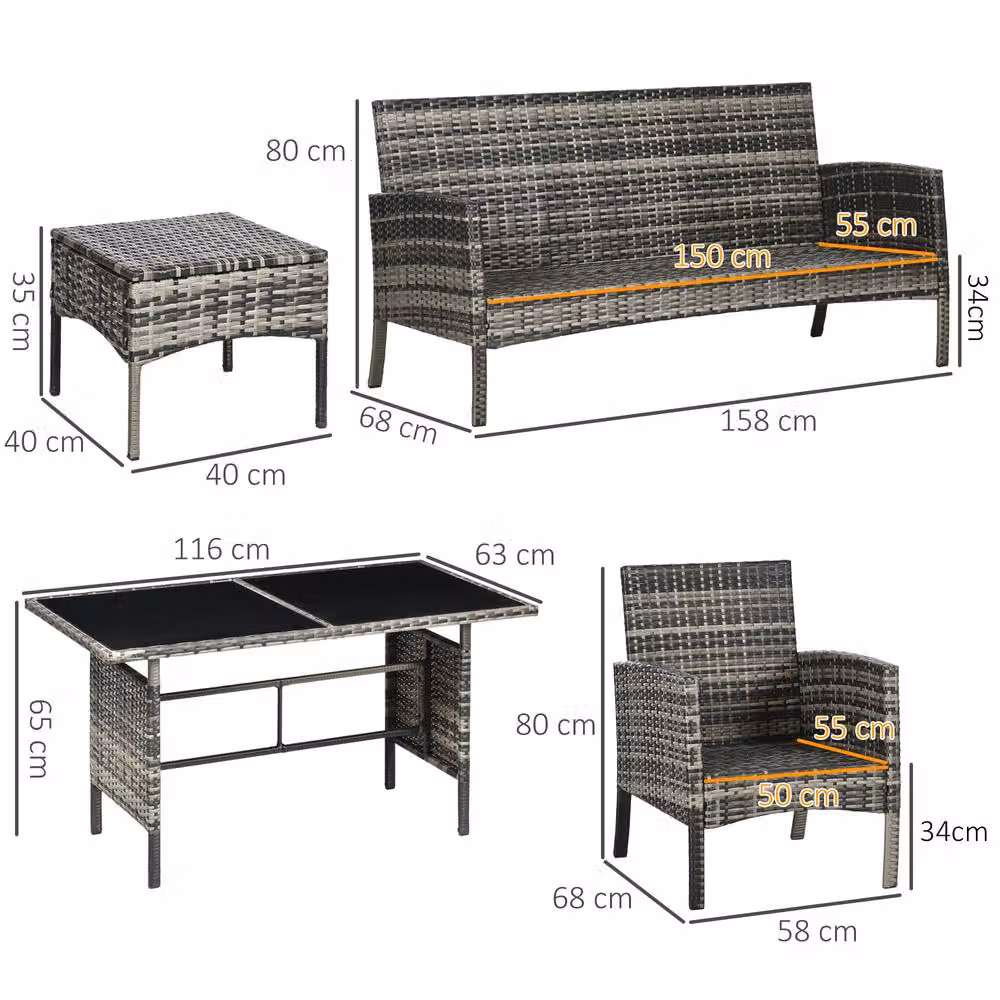 STILVORA 5-Seater Grey Sofa with Glass-Top Table and Metal Rattan Details – 2