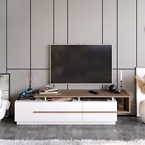 Decorotika Pia Modern TV Unit and Media Console in Walnut and White, W: 160 cm, H: 48 cm, D: 38 cm – 2