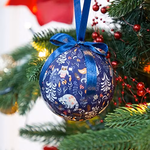 The Christmas Workshop Set of 14 Navy Blue Festive Animal, Flower and Bird Christmas Baubles, Diameter: 7.5 cm – 3
