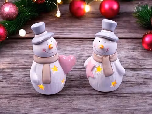 St Helens Home & Garden Ceramic Light Up Christmas Snowmen Tabletop Decorations, Pair, White and Multicolour – 2