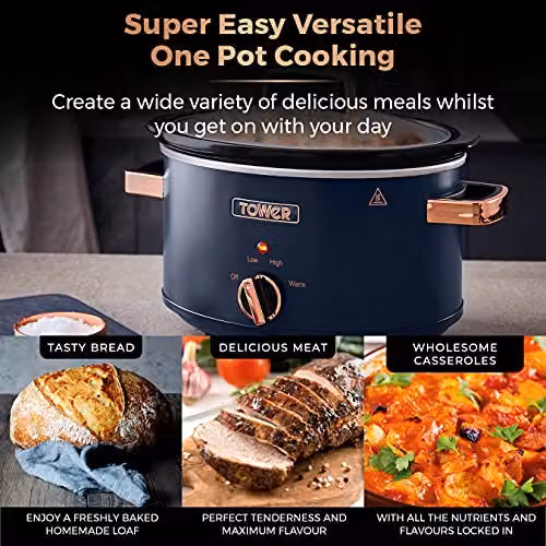 Tower Cavaletto 3.5 Litre Slow Cooker in Blue and Gold with Keep Warm Function and Dishwasher Safe Parts – 4