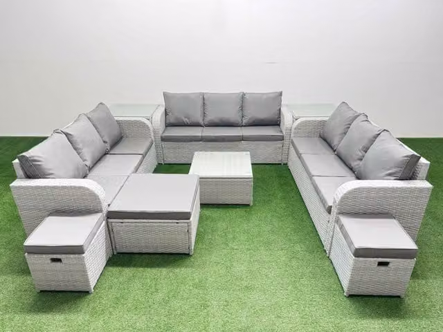 Fimous 12 Seater PE Rattan Outdoor Garden Furniture Set in Light Grey with Square Coffee Table, 3 Seater Sofa, 3 Stools and 2 Side Tables