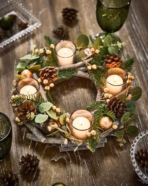 Dibor Set of 2 Eucalyptus and Cinnamon Round Christmas Centrepiece Tealight Holders in Green and Gold, Diameter: 30 cm – 1