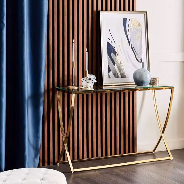 Wyld and Coco Glamour Glass Top Console Table in Gold with Transparent Glass, W/D/H: 120 x 40 x 80 cm