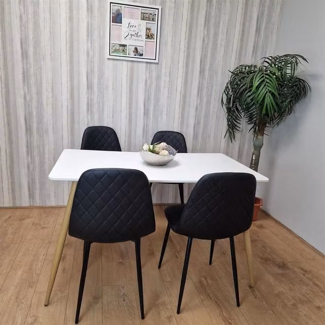 Kosy Koala Modern Rectangular Dining Set with White MDF Table and 4 Black Geometric Patterned Chairs