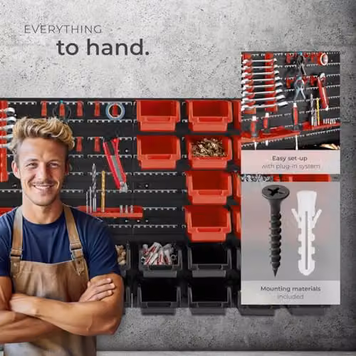 tectake 44 Piece Wall-Mounted Tool Storage Organiser with 28 Parts Boxes in Black and Red – 3