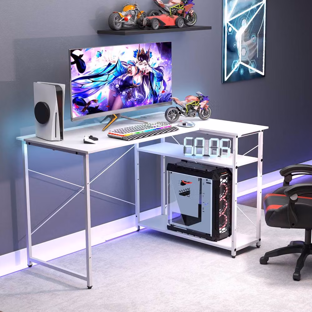Costway L-shaped Computer Desk with Power Outlet and Reversible Shelves in White – 5
