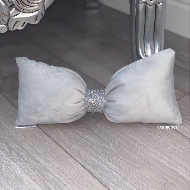 Fabricnco Silver Plush Velvet Bow Cushion