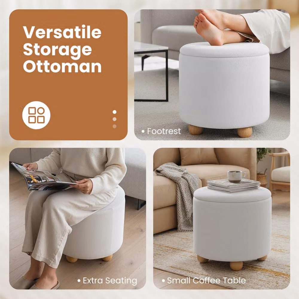 Costway Round Storage Ottoman in White Chenille Fabric with Rubberwood Frame, Diameter: 45 cm – 2