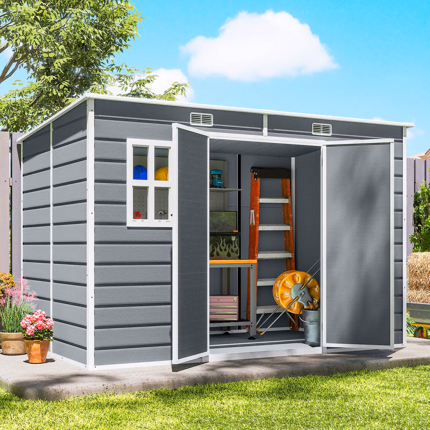Outsunny Grey Resin Garden Shed with Floor, Windows and Lockable Double Doors, W: 304.8 cm, D: 182.88 cm, H: 170 cm – 2