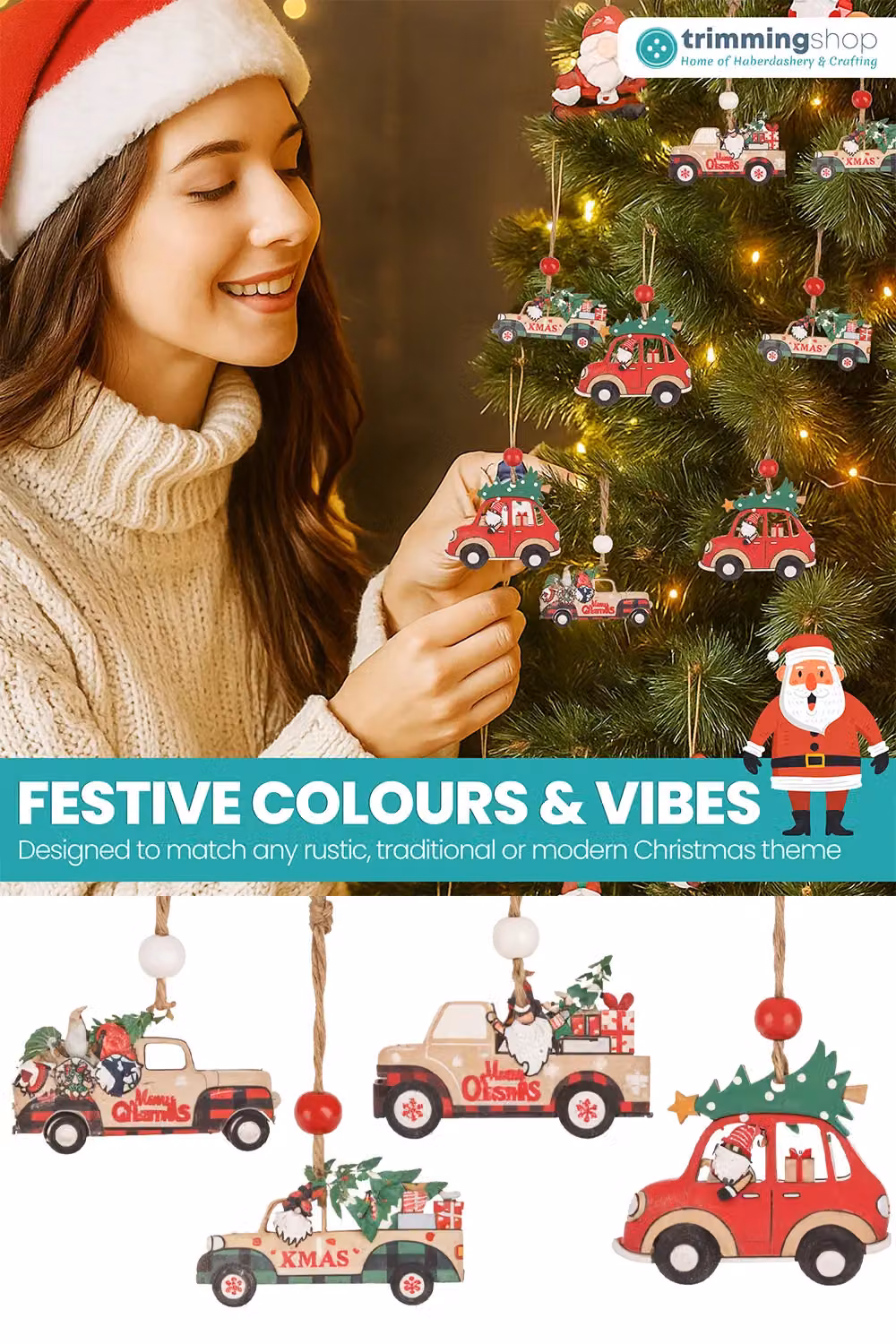 Neel Blue Car Design Wooden Christmas Tree Ornaments, 12pcs, Multicolour – 4