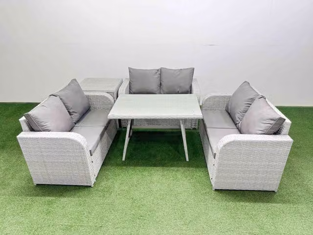 Fimous 6-Seater Patio Rectangular Table, Love Sofa Set and Side Table in Light Grey