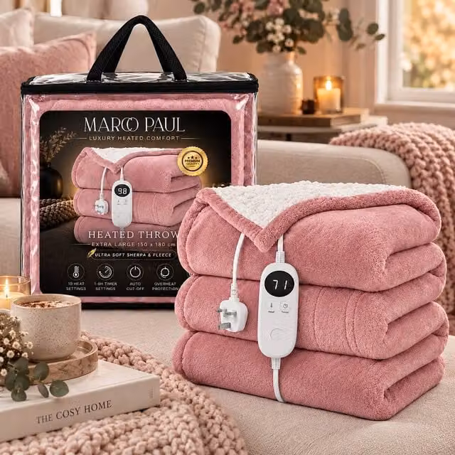 Marco Paul Luxury Sherpa Fleece Electric Heated Throw in Pink, W: 150 cm, D: 180 cm – 1