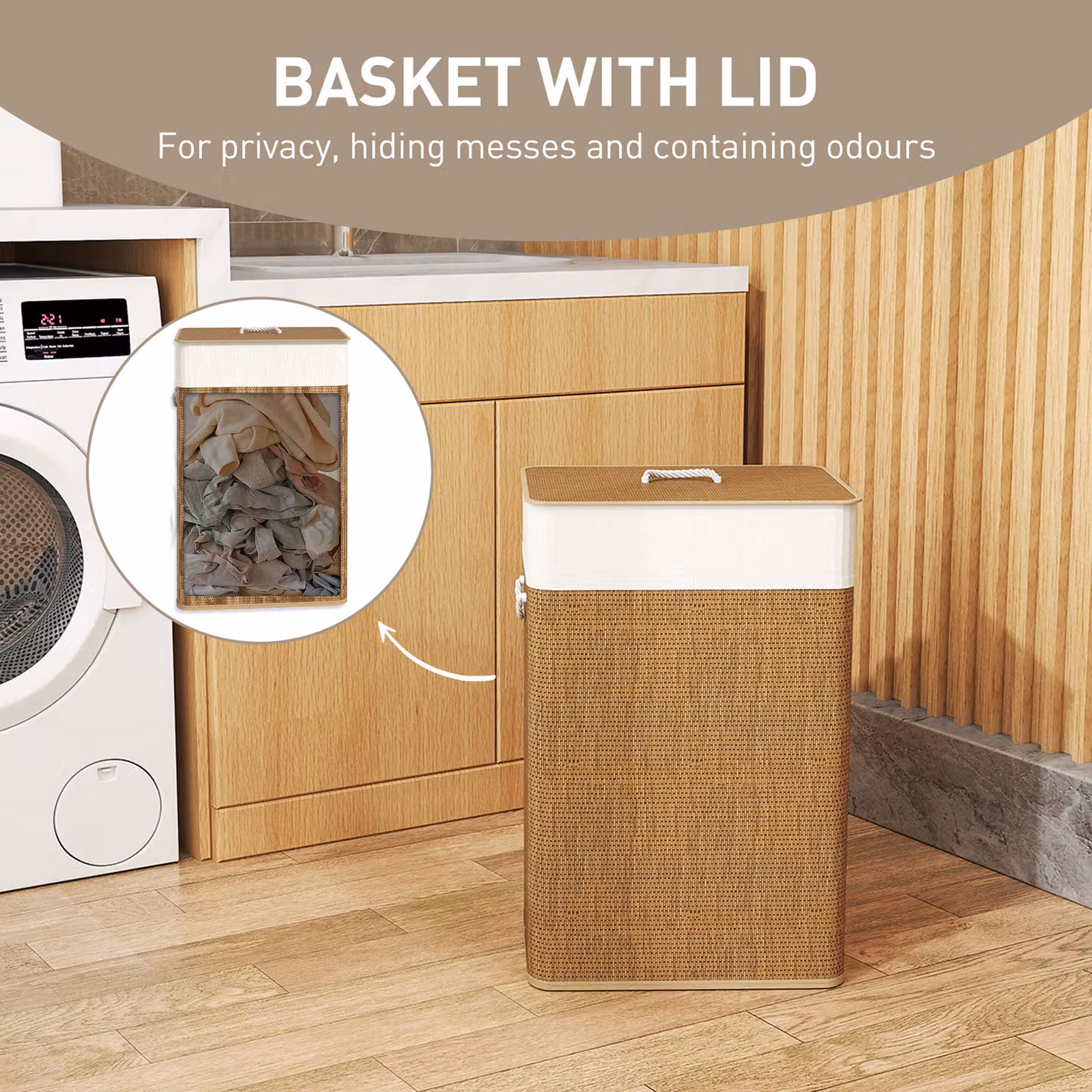 HOMCOM Bamboo Laundry Basket with Lid and Removable Washable Liner, 72L, Brown – 3