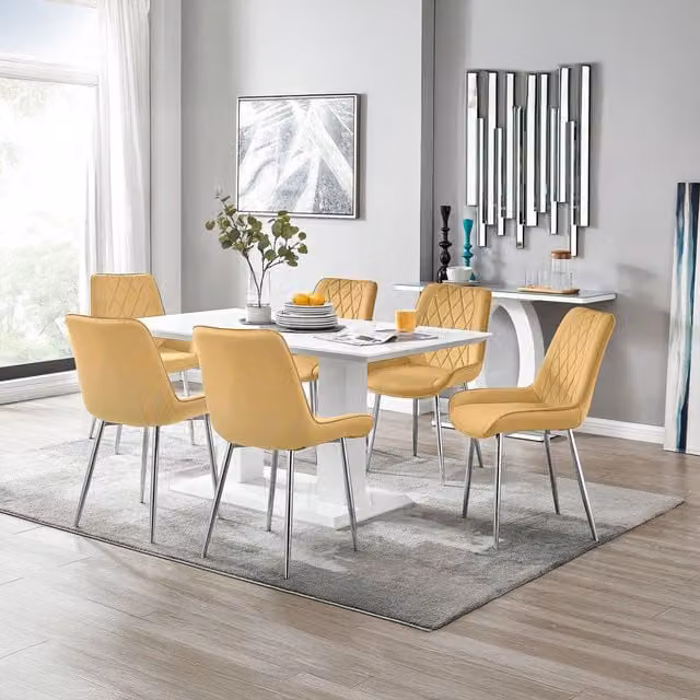 FurnitureboxUK Imperia 6-Person Dining Set with White Rectangular Table and 6 Mustard Pesaro Chairs with Silver Legs