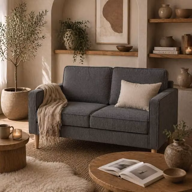 Wyld Haus Sono Vare Grey Corduroy 2 Seater Compact Sofa with Storage and Wooden Legs W/D/H: 117 x 79 x 46.5 cm – 1