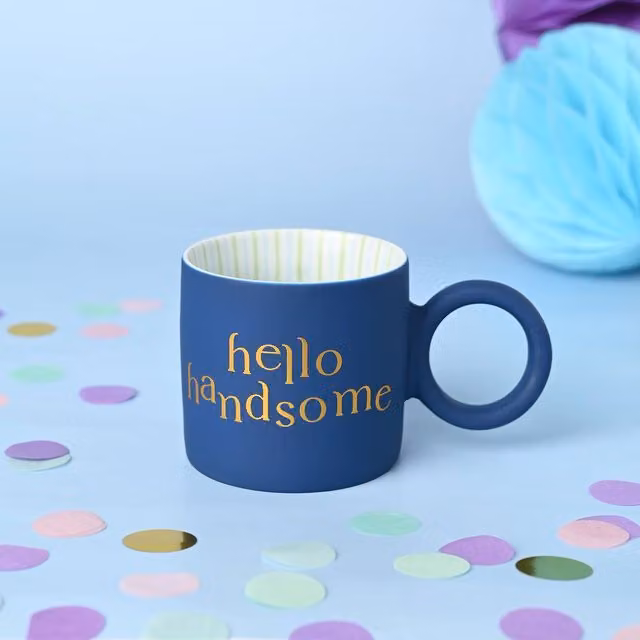Confetti Hello Handsome Men's Mug in Navy and Gold Striped