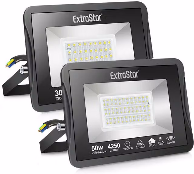 ExtraStar 50W LED Floodlight in Black with Adjustable Aluminium Housing and IP65 Waterproof Rating