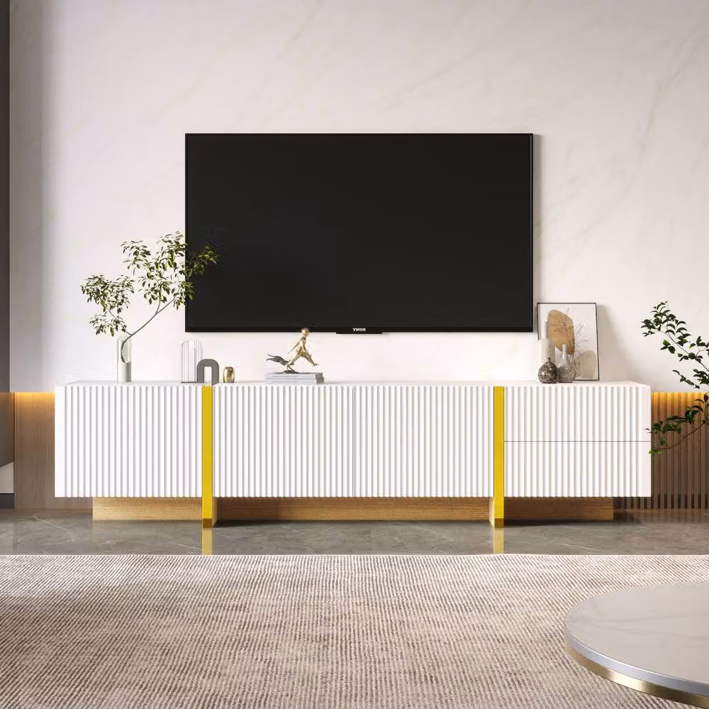 BTM Modern TV Cabinet in White and Gold with 3 Doors and 2 Drawers, W: 190 cm, D: 35 cm, H: 45 cm – 5