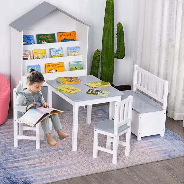 HOMCOM 4-Piece Kids Wood Table, Chair and Bench Set with Storage Function in Grey and White