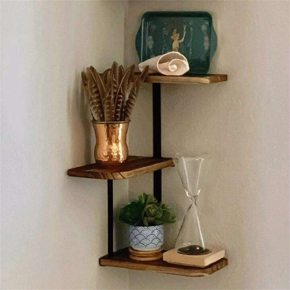 VOGREX 3 Tier Corner Floating Wall Shelves in Brown and Black, W/D/H: 43.7 x 25.9 x 13.0 cm – 3