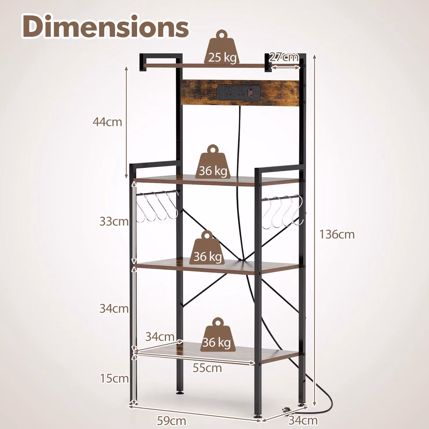 Gymax 4-Tier Bakers Rack and Microwave Stand with Power Outlet in Brown – 3